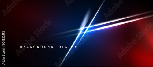 Abstract neon lines intersect dark background. Vibrant red, blue gradients create dynamic visual effect. Modern design element.