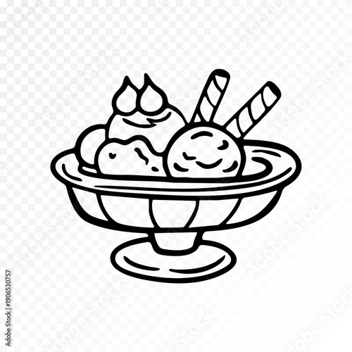 Romantic ice cream bowl with scoops and wafer rolls outline illustration in black and white hand drawn doodle style, sweet dessert love theme isolated on transparent background