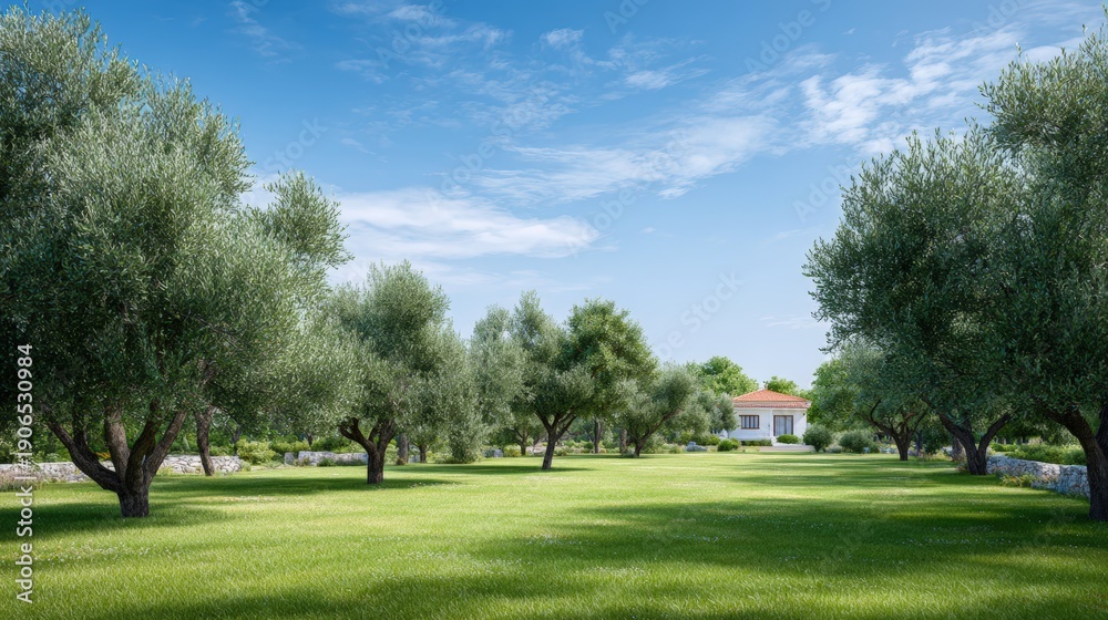 Obraz premium Olive tree grove with lush green grass and a white house in the background under a clear blue sky, showcasing a serene landscape typical of Mediterranean regions