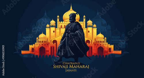 Illustration of Chhatrapati Shivaji Maharaj standing in front of a colorful Indian palace on Shiv Jayanti or Chhatrapati Shivaji Maharaj Jayanti