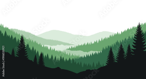 A serene landscape featuring layered green mountains and silhouetted trees