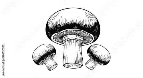 Detailed illustration of three mushrooms in a vintage engraving style