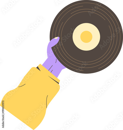 Colorful Minimalist Illustration of Hand Holding Vintage Vinyl Record