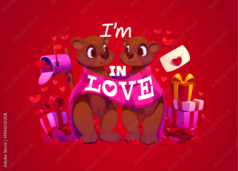Naklejka premium Valentine Day quote I am in love vector typography with cartoon cute bears characters, hearts and gifts. Valentines Day holiday card with romantic greeting quote, funny bear toys and love letter