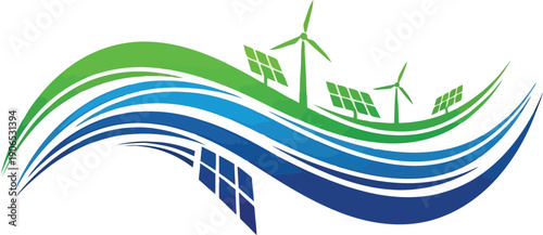 Sustainable Energy Concept with Wind Turbines and Solar Panels in a Green and Blue Design