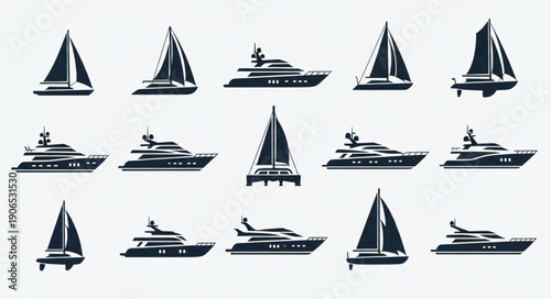 Collection of Sailboats and Luxury Yachts Silhouettes.