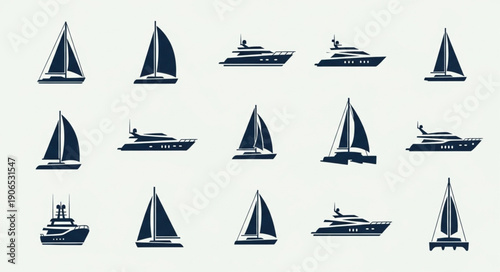 Collection of Sailboats and Yachts Silhouettes on White Background.