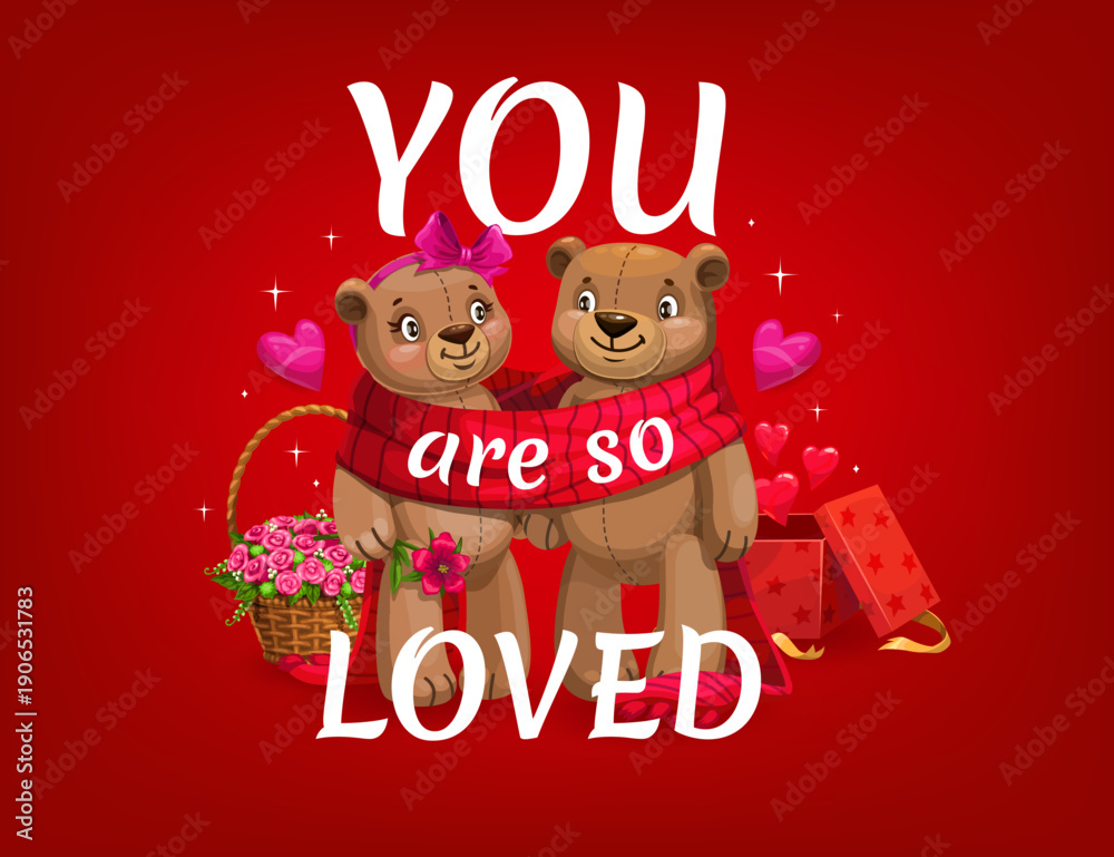 Naklejka premium You are so loved Valentine day quote greeting card with two bears in love wrapped in scarf, surrounded by roses basket, hearts, and gift on a radiant red background. Vector heartwarming congratulation