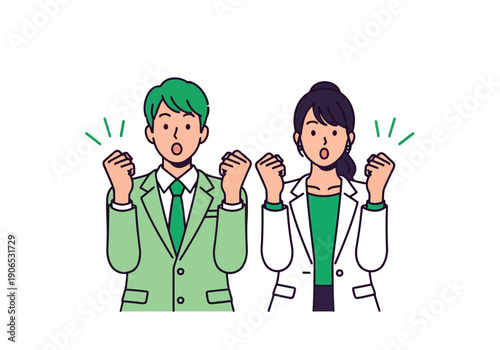 Two surprised business colleagues celebrating with fists raised in excitement and joy together