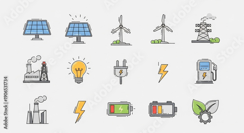 Collection of renewable energy and power icons in a doodle style.