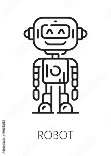 Japan robot, Asian travel line icon or pictogram. Japan tourism journey sign, Asia holiday trip outline vector icon. Asian country culture travel symbol with funny robot or droid cheerful character