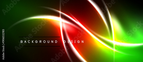 Abstract neon lines create vibrant energy. Green, red, yellow hues blend into dark background. Modern design element.