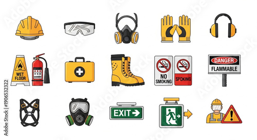 Collection of Safety Equipment and Warning Signs Icons.