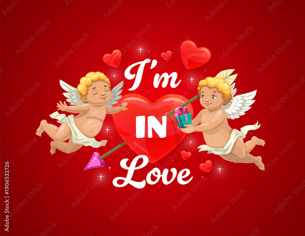 Naklejka premium I am in love Valentines Day greeting quote with cartoon Cupids and pierced heart. Valentines Day romantic quote phrase card vector typography with cute cherub angels characters, gift box and hearts