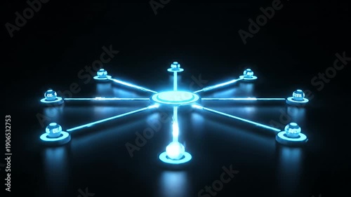 Glowing Network Hub with Blue Radial Connections in Darkness.