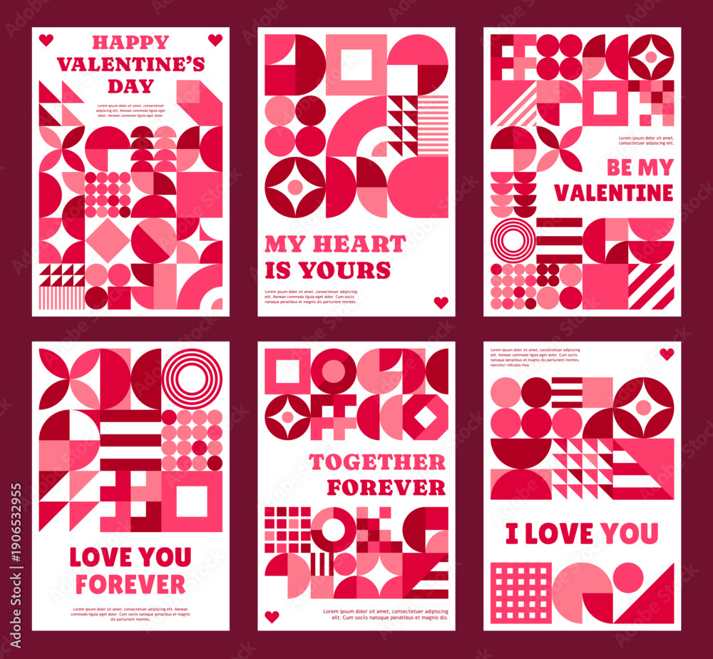 Naklejka premium Valentine day posters with abstract geometric pattern and shapes. Vector holiday flyers with romantic phrases like love you forever, together forever, be my valentine, I love you, my heart is yours
