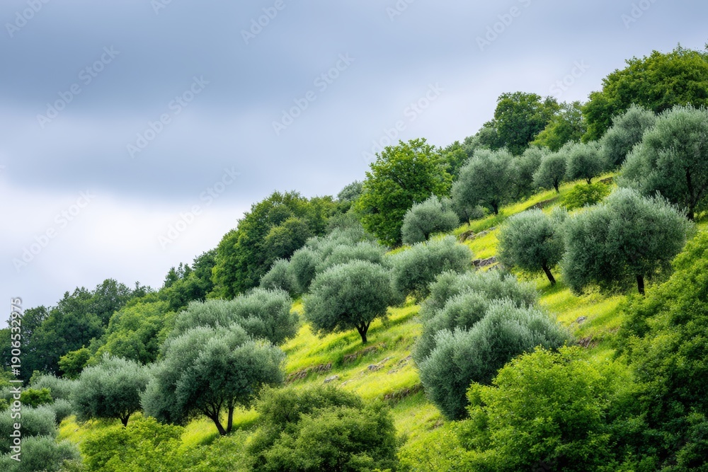Obraz premium Olive trees growing on a hillside with lush green grass and dense foliage under a cloudy sky, showcasing the natural beauty of a Mediterranean landscape in a rural setting