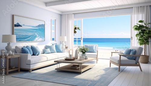 Luxury Beachfront Living Room with Ocean View and Coastal Decor.