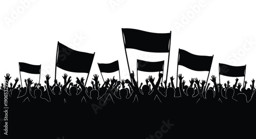 A silhouetted crowd of people waving black flags against a white background