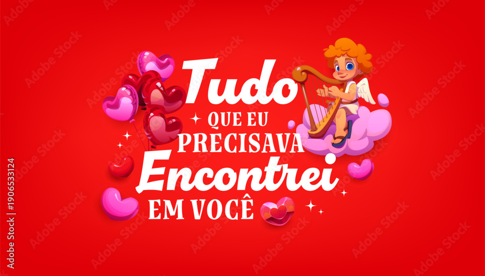 Naklejka premium Tudo que eu precisava encontrei em voce spanish quote Valentine Day greeting card with cartoon Cupid character. Vector cherub playing harp Valentine Day love card with heart balloons, greeting quote
