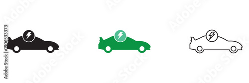 Electric car charging black, green icon . Electric vehicle charging icons showing car, plug, station, and location symbols, representing clean energy, e-mobility, and sustainable transport concepts.
