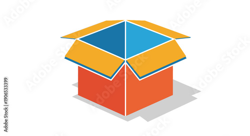 An open cardboard box with blue and orange color scheme