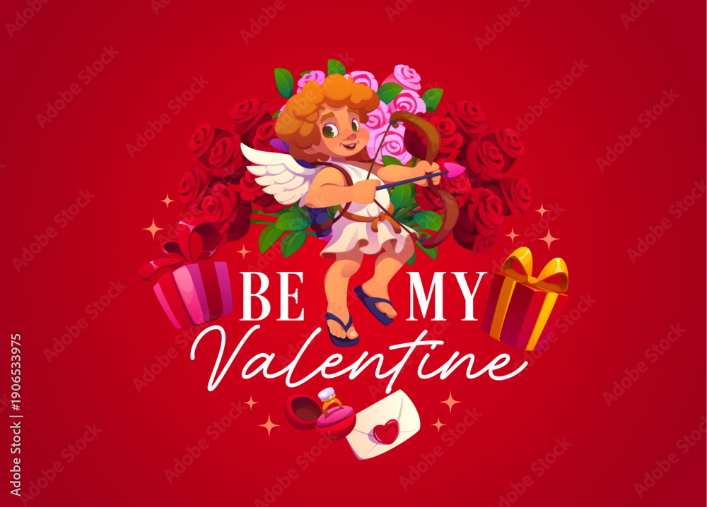 Naklejka premium Be my Valentine greeting card of cartoon Cupid character with heart arrow and bow vector typography. Cute Cupid cherub, Valentine holiday romantic gifts, flowers and love letter with greeting quote