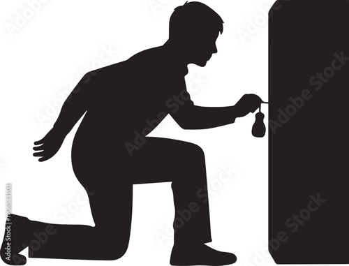 Man kneeling while picking a lock, black silhouette vector illustration line art