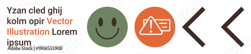 Communication, alerts, navigation, user interface, feedback, and messaging. Green happy face, orange warning symbol and two black arrow icons. Communication and alert concepts