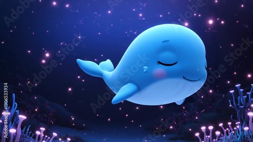 Cute Cartoon Blue Whale Swimming in Magical Underwater World with Glowing Lights