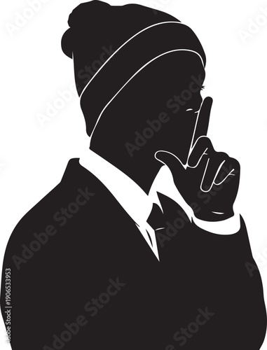 Man with finger on lips, gesturing for silence, black silhouette vector illustration art