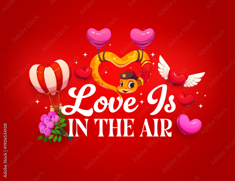Naklejka premium Happy valentine day love is in the air quote. Cartoon vector greeting card featuring playful cute snake character in Chinese attire flying on balloons among winged hearts, flowers and hot air balloon