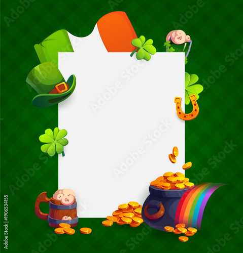 Happy St Patrick day banner featuring leprechaun hat, Irish flag, clovers, pot of gold, horseshoe, beer tankard and rainbow lucky symbols on green festive background. Cartoon vector frame template
