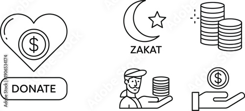 Islamic Charity Icons: Donate, Zakat, and Coins