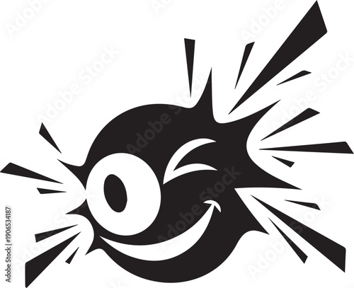 Winking surprised cartoon face expression with spiky burst silhouette illustration