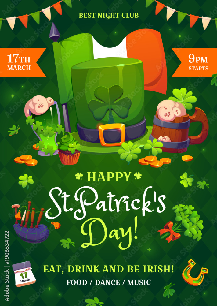 Naklejka premium Irish St Patrick day holiday party flyer invitation poster with shamrock, leprechaun hat, Irish flag, beer, gold coin and festive treats. Nightclub event promo with food, dance and music on march 17th
