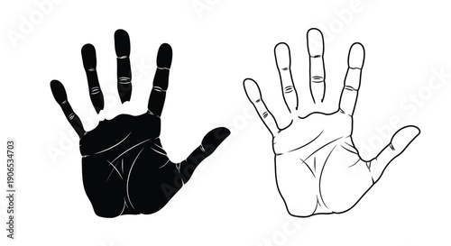 Two contrasting hand outlines one black one white palms facing forward