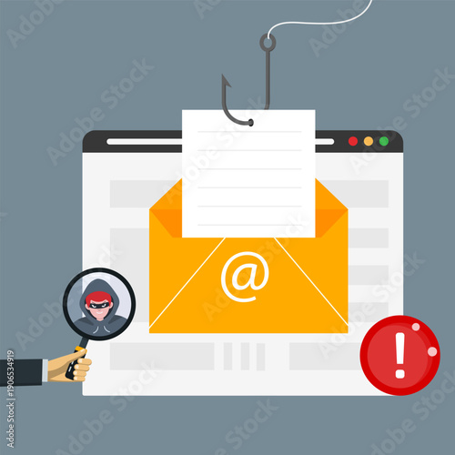 Phishing email concept with hooked of fish stealing document on yellow envelope and hacker detection on magnifying glass. Alert of phishing attack and hacker activity.