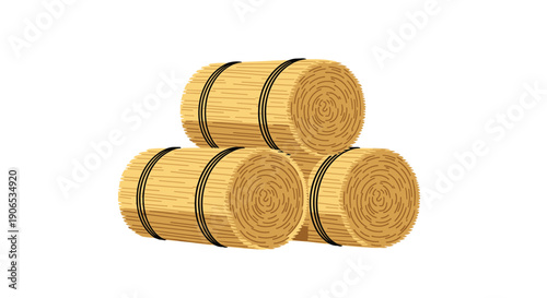 Three round bales of hay or straw stacked in a pyramid, representing agriculture, farming, and the harvest season on a white background.
