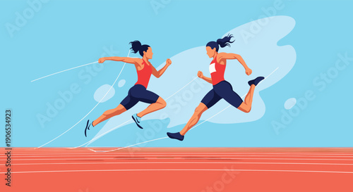 Two female athletes in red uniforms sprinting on a running track, competing fiercely in a race to the finish line with a blue sky background.