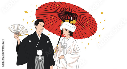 A traditional Japanese wedding couple, with the groom in a formal kimono holding a fan and the bride in a shiromuku holding a red umbrella.