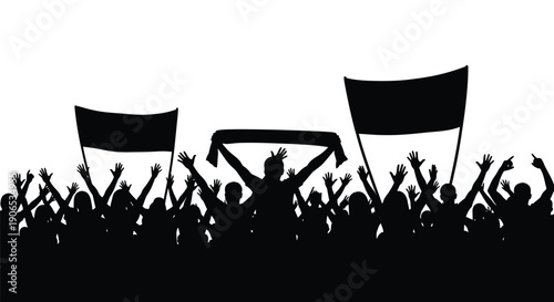 Silhouetted crowd raising hands and flags in a celebratory scene