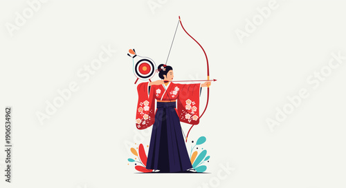 A Japanese woman in a traditional kimono practicing kyudo, the martial art of archery, aiming a bow and arrow at a target.