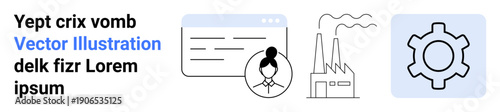 User profile outline, factory with smoke, and gear icon reflecting innovation, technology, industry, team collaboration, process optimization, profile management, simple landing page