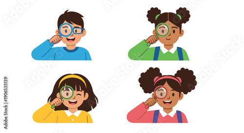 A diverse group of four curious children, including boys and girls of different ethnicities, looking through magnifying glasses.
