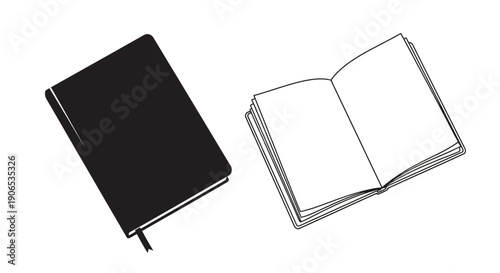 A closed black notebook and an open white notebook with blank pages