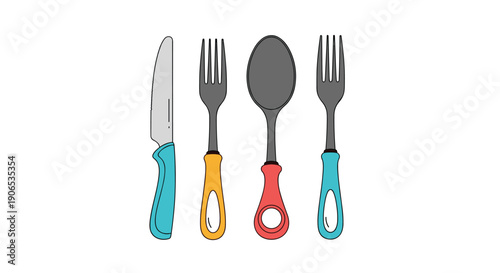 A simple and colorful set of cutlery including a knife, two forks, and a spoon with brightly colored handles on a white background.