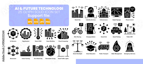 Set of 25 solid icon related to artificial intelligence and future technology.