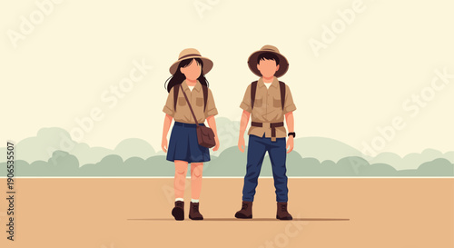 A young boy and girl dressed as adventurers or explorers in safari hats and khaki outfits, standing ready for an expedition.
