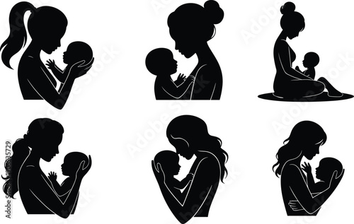 Black silhouette collection of mothers holding their babies in various loving poses isolated on white background for motherhood childcare family and nursery decor design